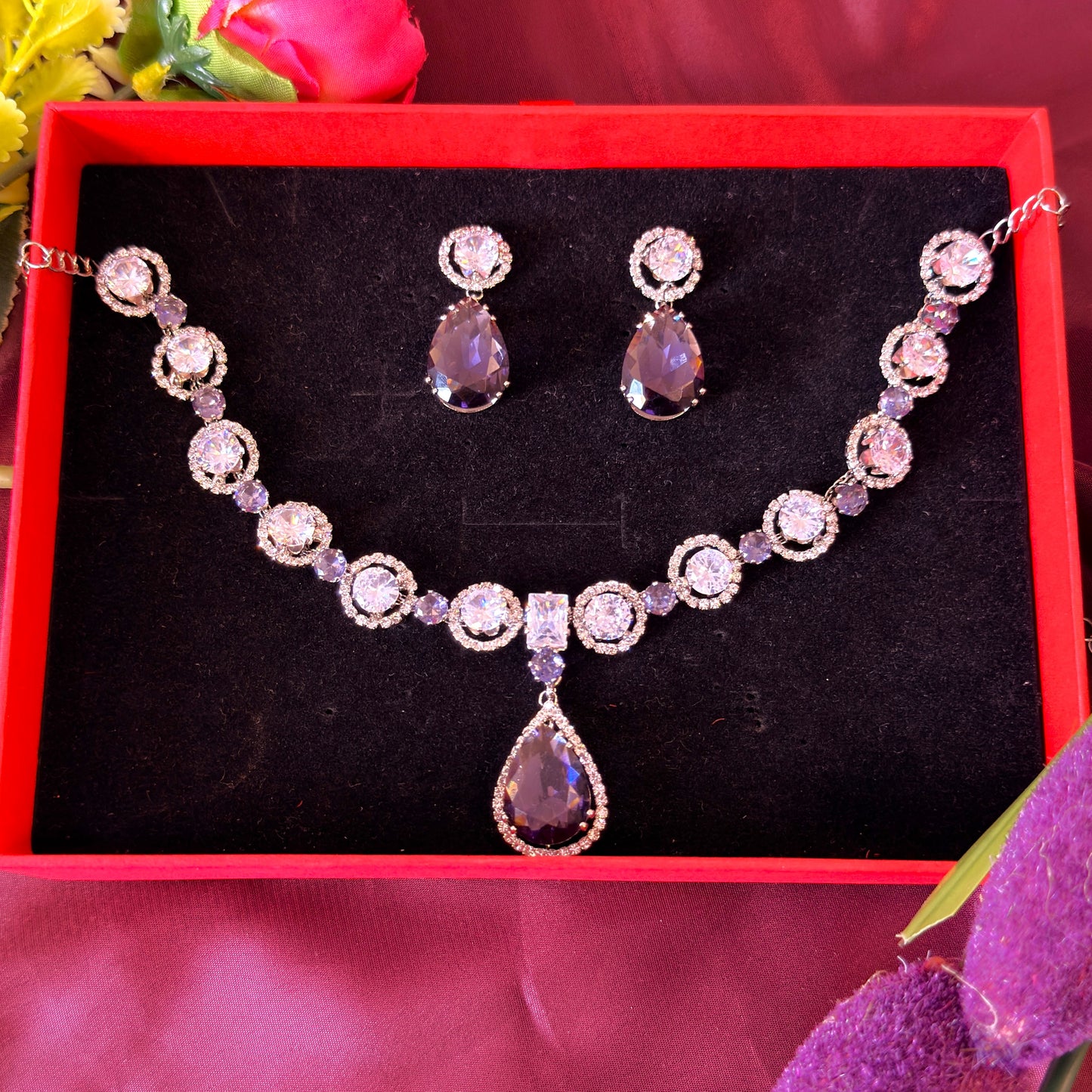 Classic Drop AD Necklace Set Purple - Premium AD (American Diamond) Necklace Set