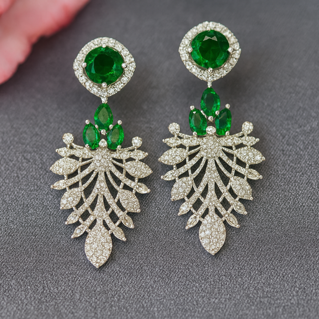 Enchanted Leaf Green - AD(American Diamond) Earrings