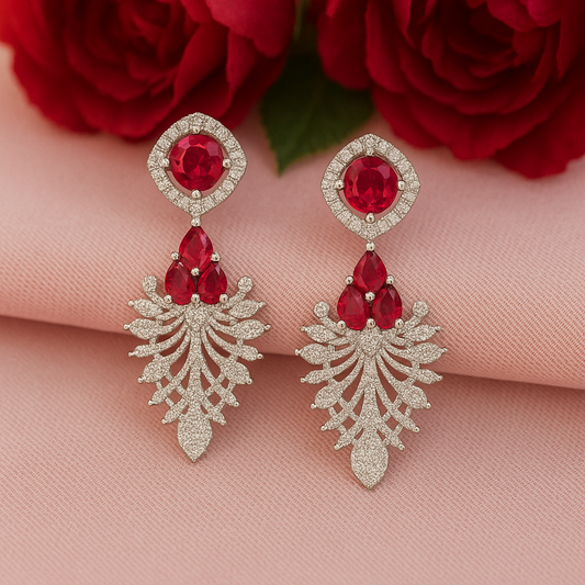 Enchanted Leaf Red - AD(American Diamond) Earrings