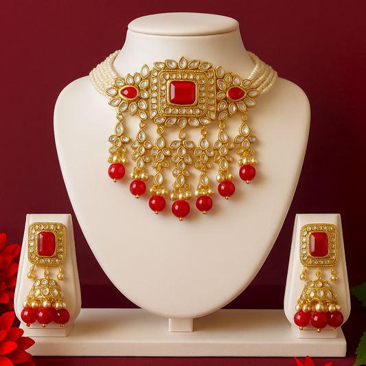 Empress of Emeralds Red Shining Kundan Chokar Set
