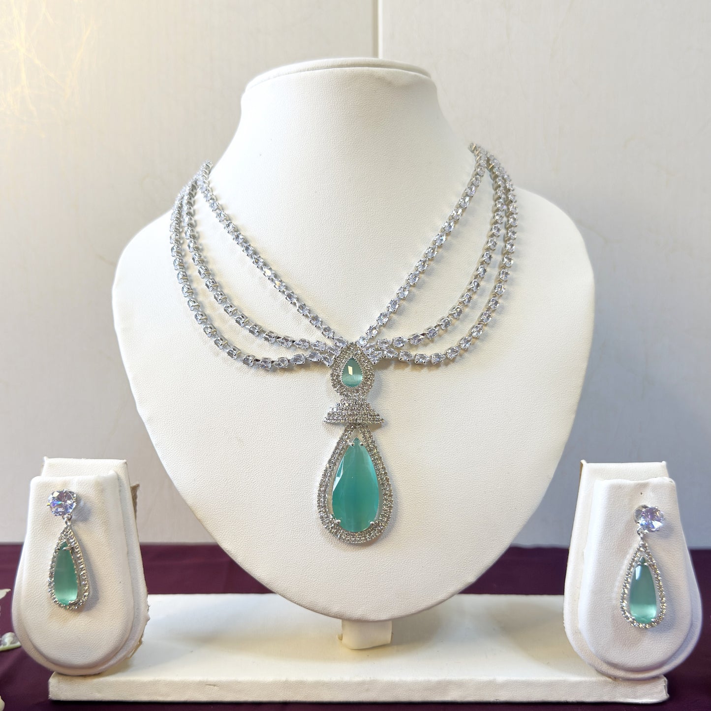Empress Royale AD Set Cyan - Premium AD (American Diamond) Necklace Set