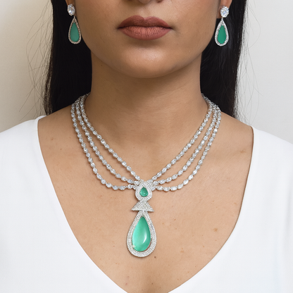 Empress Royale AD Set Cyan - Premium AD (American Diamond) Necklace Set
