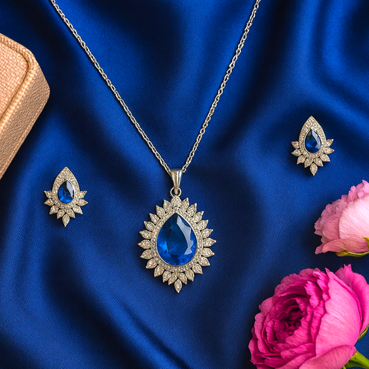 Floral Sunburst AD Pendant Set Blue - Premium AD (American Diamond) Pendant Set