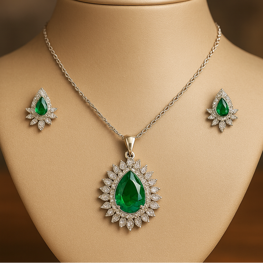 Floral Sunburst AD Pendant Set Green - Premium AD (American Diamond) Pendant Set