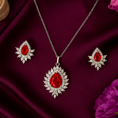 Floral Sunburst AD Pendant Set Red - Premium AD (American Diamond) Pendant Set