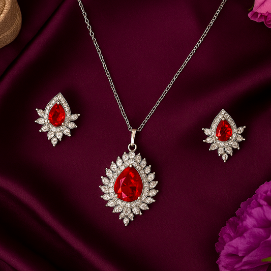Floral Sunburst AD Pendant Set Red - Premium AD (American Diamond) Pendant Set
