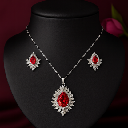 Floral Sunburst AD Pendant Set Red - Premium AD (American Diamond) Pendant Set