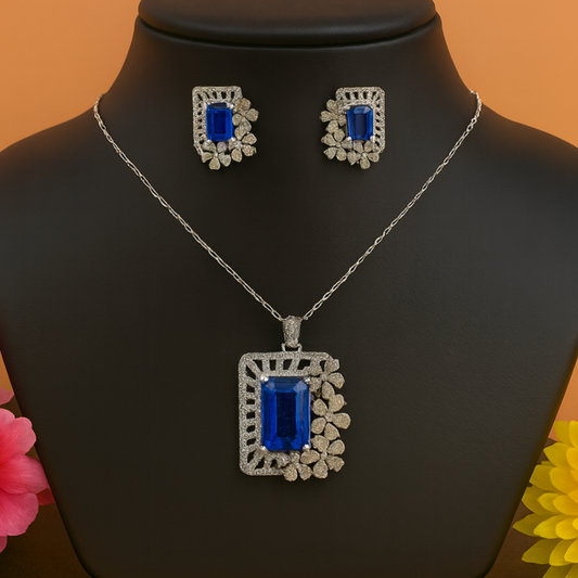 Floral Frame AD Pendant Set Blue - Premium AD (American Diamond) Pendant Set