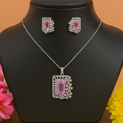 Floral Frame AD Pendant Set Pink - Premium AD (American Diamond) Pendant Set