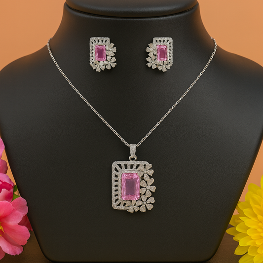 Floral Frame AD Pendant Set Pink - Premium AD (American Diamond) Pendant Set