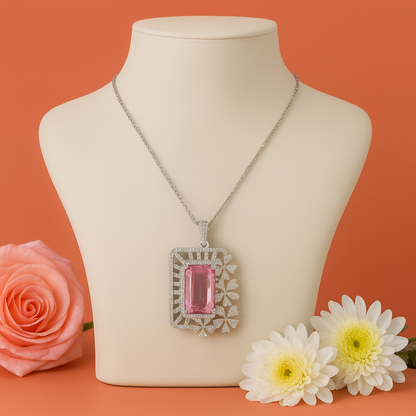 Floral Frame AD Pendant Set Pink - Premium AD (American Diamond) Pendant Set