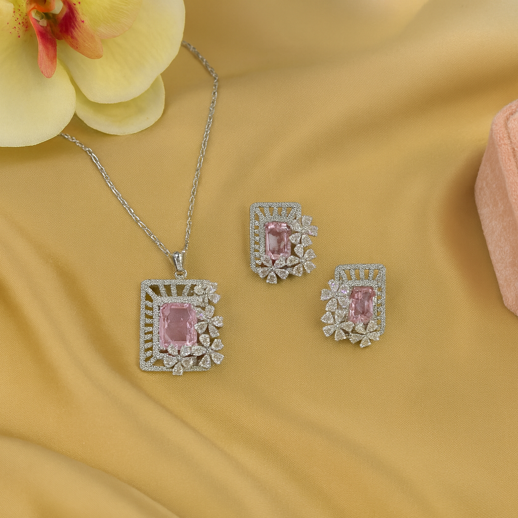 Floral Frame AD Pendant Set Pink - Premium AD (American Diamond) Pendant Set