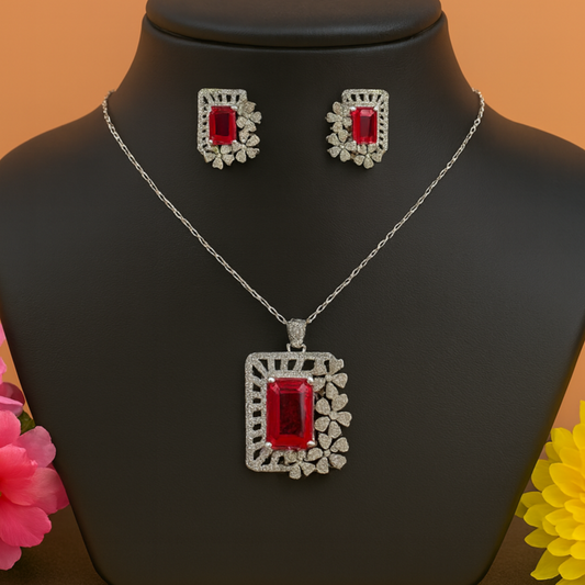 Floral Frame AD Pendant Set Red - Premium AD (American Diamond) Pendant Set