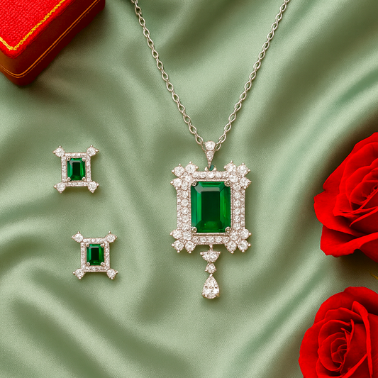 Royal Courtyard AD Pendant Set Green - Premium AD (American Diamond) Pendant Set