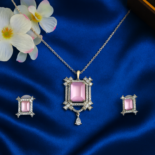 Royal Courtyard AD Pendant Set Pink - Premium AD (American Diamond) Pendant Set