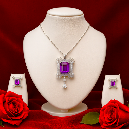 Royal Courtyard AD Pendant Set Purple - Premium AD (American Diamond) Pendant Set
