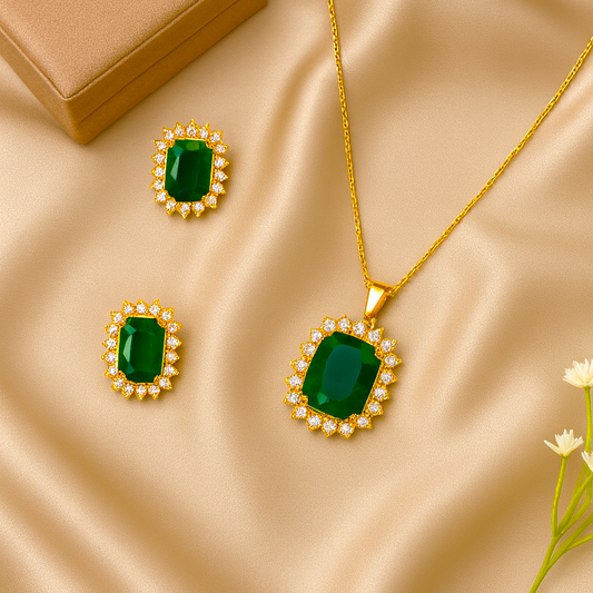 Royal Cushion AD Pendant Set Green - Premium AD (American Diamond) Pendant Set