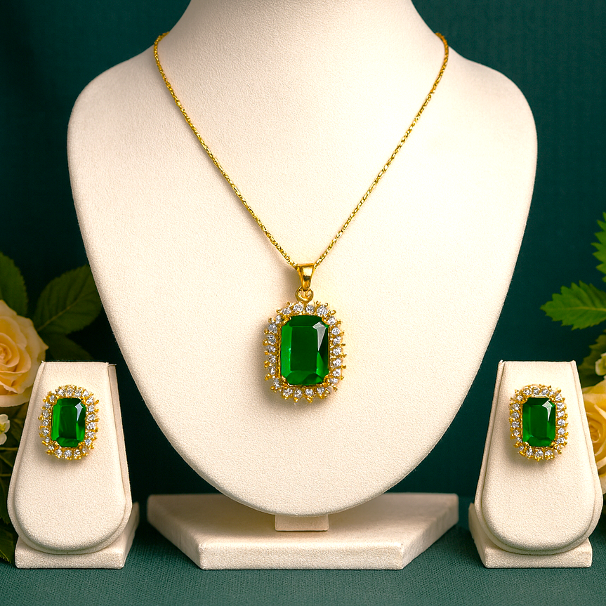 Royal Cushion AD Pendant Set Green - Premium AD (American Diamond) Pendant Set