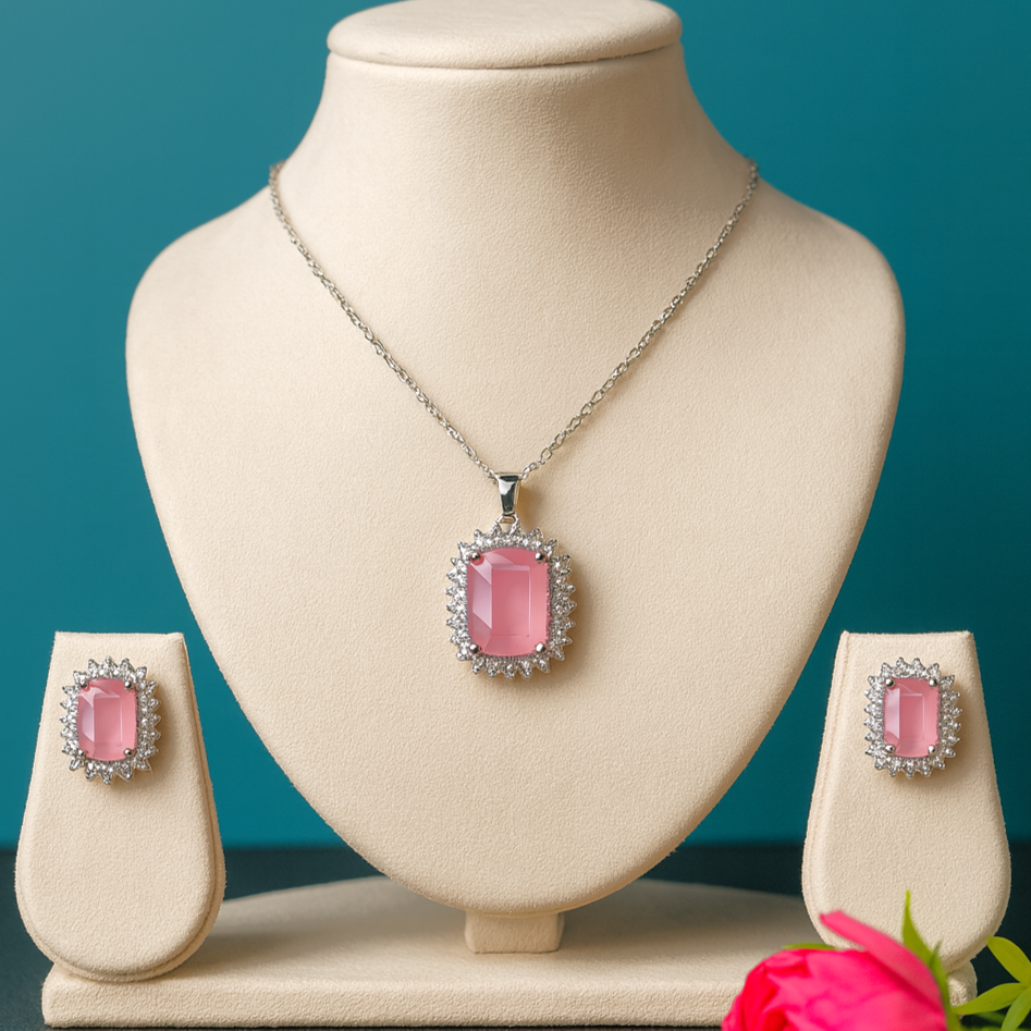 Royal Cushion AD Pendant Set Pink - Premium AD (American Diamond) Pendant Set