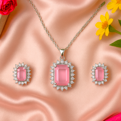 Royal Cushion AD Pendant Set Pink - Premium AD (American Diamond) Pendant Set