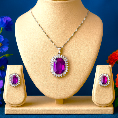 Royal Cushion AD Pendant Set Purple - Premium AD (American Diamond) Pendant Set