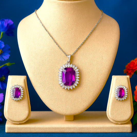 Royal Cushion AD Pendant Set Purple - Premium AD (American Diamond) Pendant Set