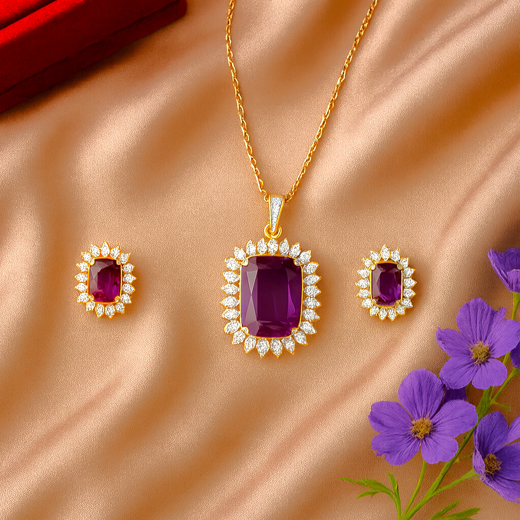 Royal Cushion AD Pendant Set Purple - Premium AD (American Diamond) Pendant Set