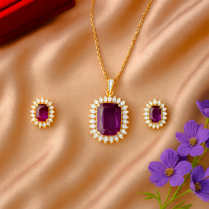 Royal Cushion AD Pendant Set Purple - Premium AD (American Diamond) Pendant Set