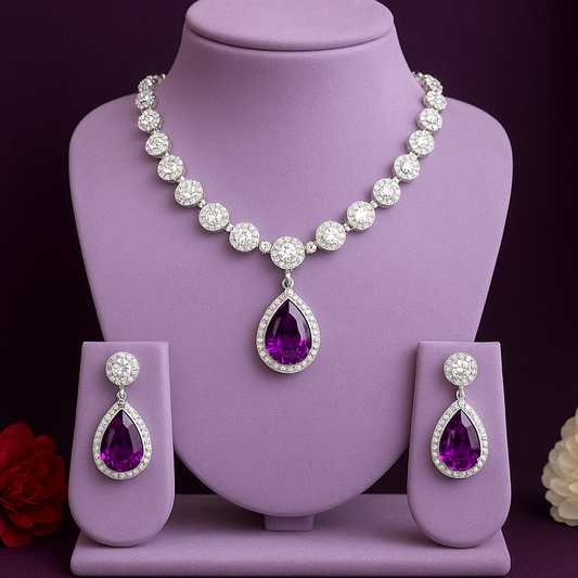 Classic Drop AD Necklace Set Purple - Premium AD (American Diamond) Necklace Set