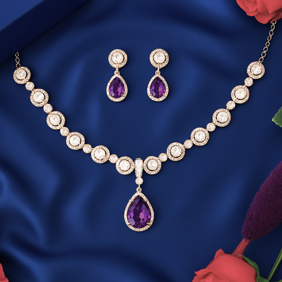 Classic Drop AD Necklace Set Purple - Premium AD (American Diamond) Necklace Set